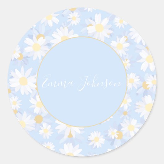 Classy Blue White Daisy Flowers Ronde Sticker (Voorkant)