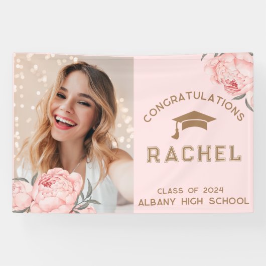 Classy Blush Pink Floral Afstuderen GraduPartij Spandoek (Horizontaal)