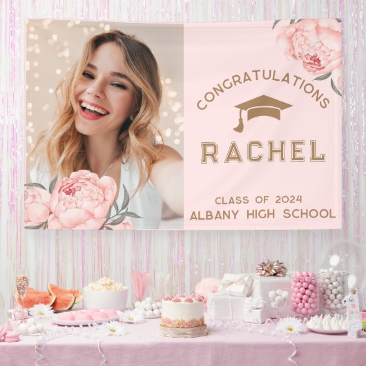 Classy Blush Pink Floral Afstuderen GraduPartij Spandoek (Feest)