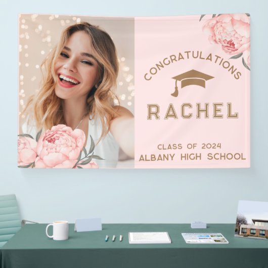 Classy Blush Pink Floral Afstuderen GraduPartij Spandoek (Beurs)