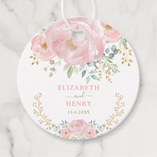Classy Blush Roze Gouden Bloem Pioen Bruiloft Bedankjes Labels (Voorkant)
