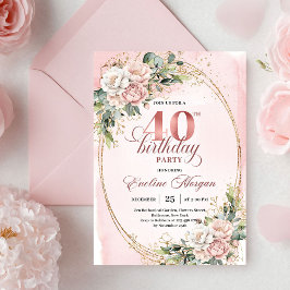 Classy Bohemian Blush Floral 40th Birthday Invites Kaart