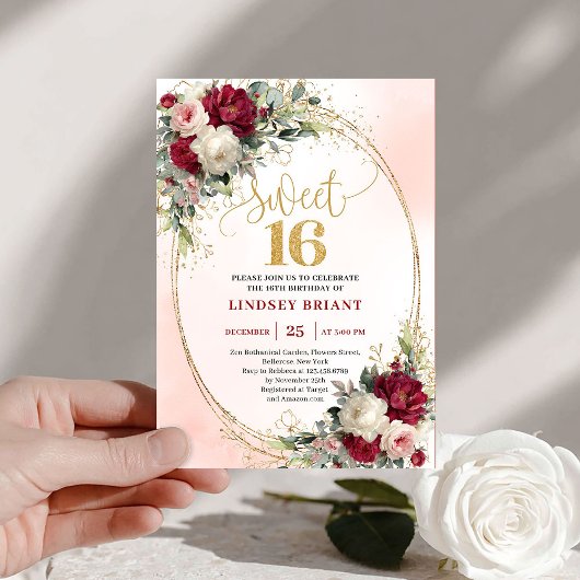 Classy Boho Burgundy Blush Gold Floral Sweet 16th Kaart