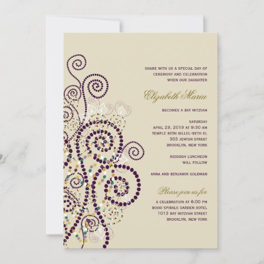 Classy Boho Paarse Spirals Bat/Bar Mitvah Invite Kaart (Voorkant)
