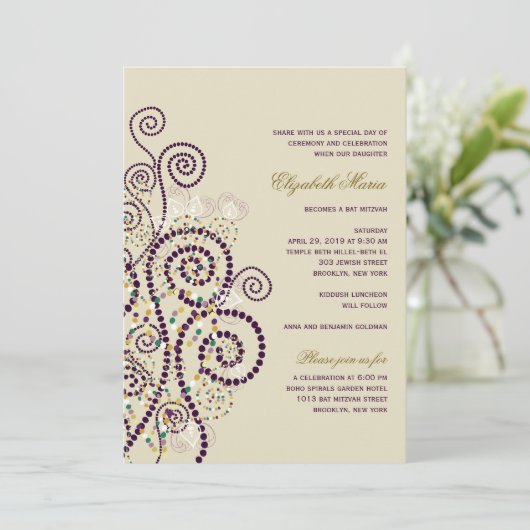 Classy Boho Paarse Spirals Bat/Bar Mitvah Invite Kaart (Staand voorkant)