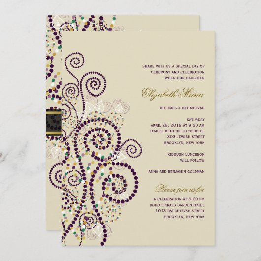Classy Boho Paarse Spirals Bat/Bar Mitvah Invite Kaart (Voorkant / Achterkant)