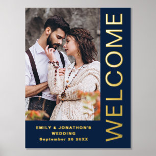 Classy Bold Text Welkom Weduwen Navy Blue Folie Afdrukken