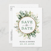 Classy Botanical Greenery Gold Bewaar de datum Aankondigingskaart (Voorkant / Achterkant)