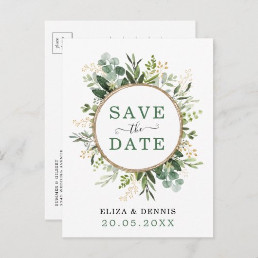 Classy Botanical Greenery Gold Bewaar de datum Aankondigingskaart (Voorkant / Achterkant)