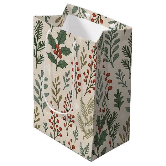 Classy Botanical Holly Berry Floral Art Pattern Medium Cadeauzakje (Voorkant Gekanteld)