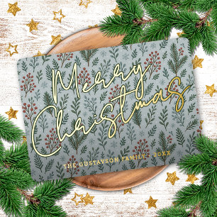 Classy Botanical Holly Berry Floral Pattern Gold Folie Feestdagenkaart