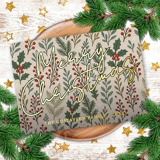 Classy Botanical Holly Berry Floral Pattern Gold Folie Feestdagenkaart