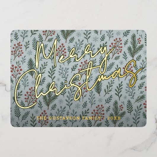 Classy Botanical Holly Berry Floral Pattern Gold Folie Feestdagenkaart (Voorkant)