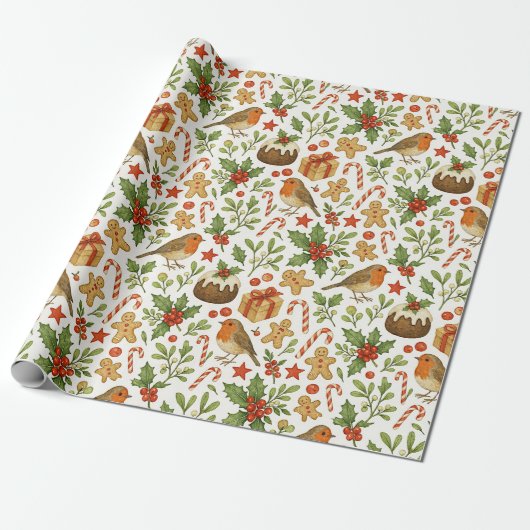 Classy Botanical Holly Floral Art Pattern Cadeaupapier (Uitgerold)