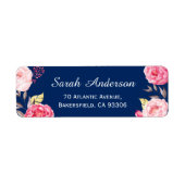 Classy Botanical Pink Flowers Navy Blue Etiket (Voorkant)