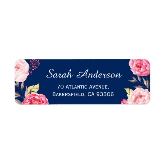 Classy Botanical Pink Flowers Navy Blue Etiket (Voorkant)