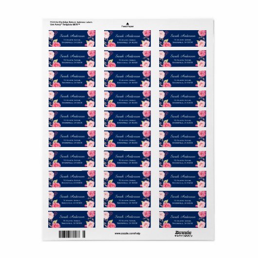 Classy Botanical Pink Flowers Navy Blue Etiket (Full Sheet)