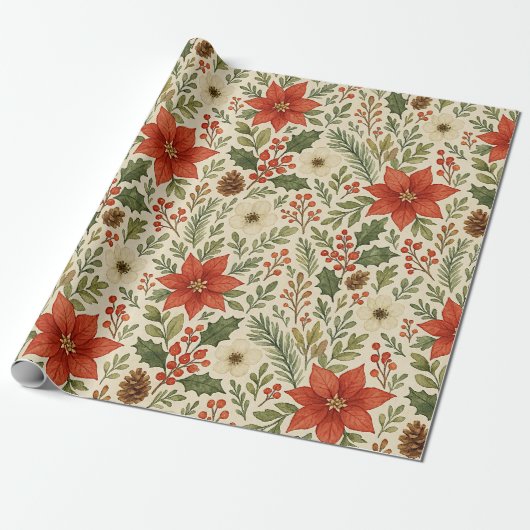 Classy Botanical Poinsettia Floral Art Pattern Cadeaupapier (Uitgerold)