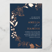 Classy Botanisch Roos Goud & Blauw Bruiloft Folie Uitnodiging (Voorkant)