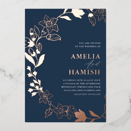 Classy Botanisch Roos Goud & Blauw Bruiloft Folie Uitnodiging (Voorkant)