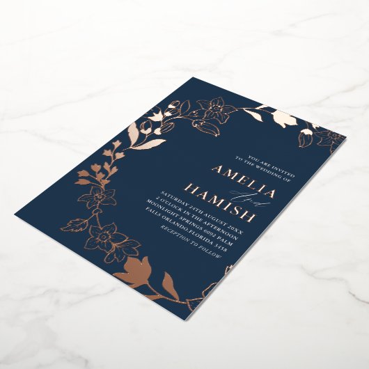 Classy Botanisch Roos Goud & Blauw Bruiloft Folie Uitnodiging (Gedraaid)