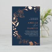 Classy Botanisch Roos Goud & Blauw Bruiloft Folie Uitnodiging (Staand Voorkant)
