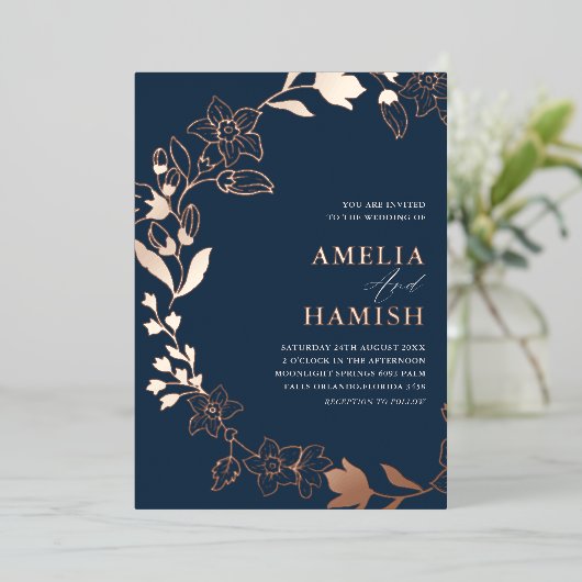 Classy Botanisch Roos Goud & Blauw Bruiloft Folie Uitnodiging (Staand Voorkant)