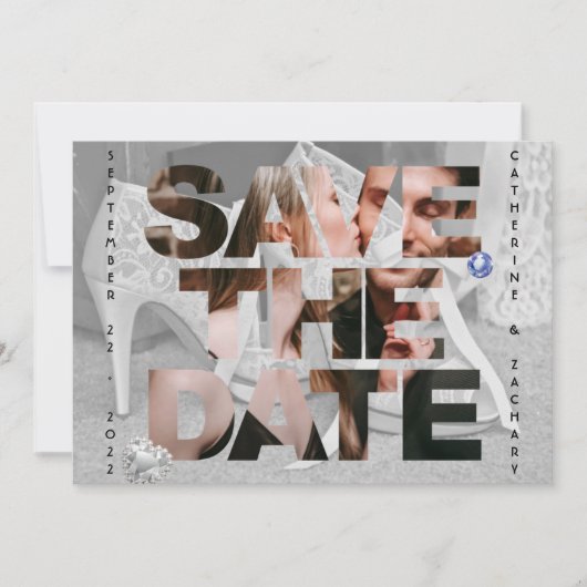 Classy Bridal Shoe Diamond Heart Sapphire Wedding Save The Date (Voorkant)