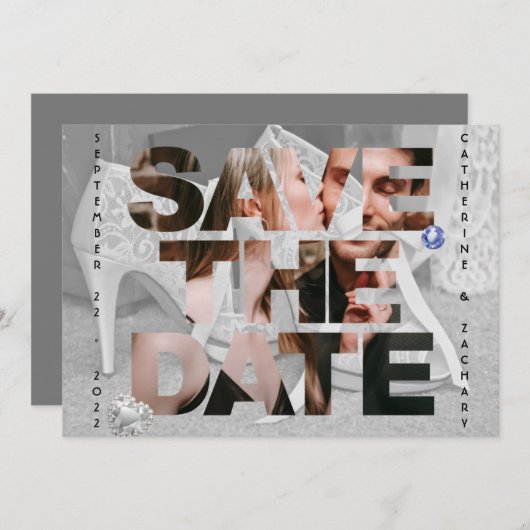 Classy Bridal Shoe Diamond Heart Sapphire Wedding Save The Date (Voorkant / Achterkant)