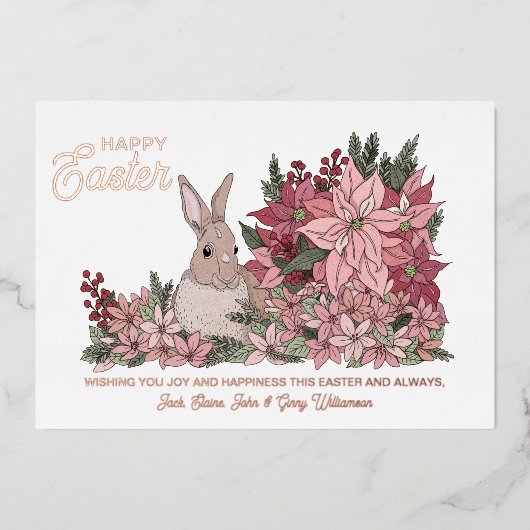Classy Bunny Rabbit Floral Happy Pasen Folie Feestdagenkaart (Voorkant)