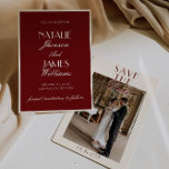 Classy Burgundy Cream Old Money Photo Wedding Save The Date<br><div class="desc">This modern & retro funky minimalist Wedding burgundy and cream Save The Date Template is great for you. If you are looking for a pretty, elegant and easy to customize deep red photo Wedding Save The Date Template. A very elegant simple ivory cream script wedding save the date on red...</div>