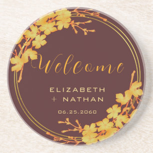 Classy Burgundy en Gold Floral Wedding Welcome Zandsteen Onderzetter