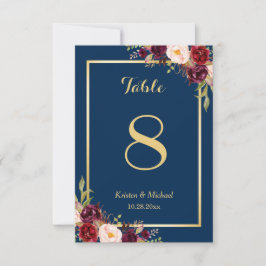 Classy Burgundy Floral Gold Navy Blue Table Number Kaart