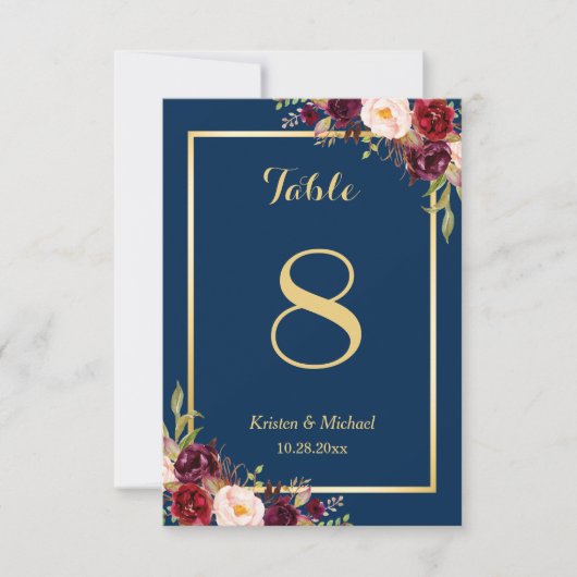 Classy Burgundy Floral Gold Navy Blue Table Number Kaart (Voorkant)