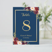 Classy Burgundy Floral Gold Navy Blue Table Number Kaart (Staand voorkant)