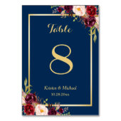 Classy Burgundy Floral Gold Navy Blue Table Number Kaart (Voorkant)