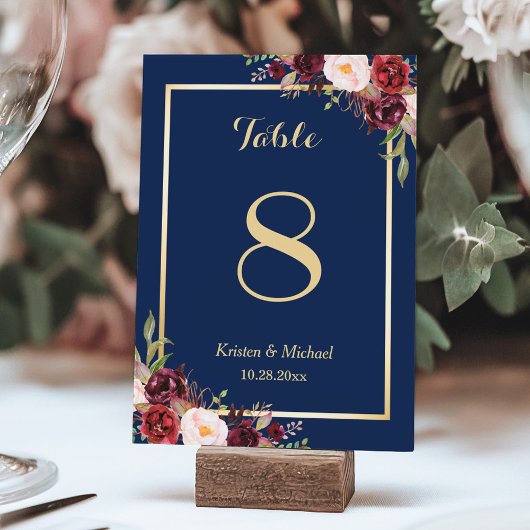 Classy Burgundy Floral Gold Navy Blue Table Number Kaart