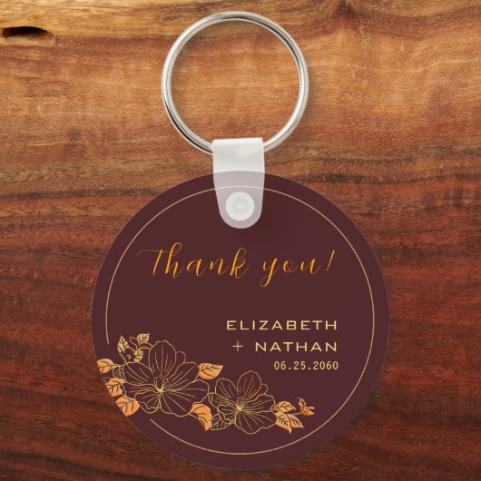 Classy Burgundy Gold Floral Weddenschap Hartelijk  Sleutelhanger (Voorkant)