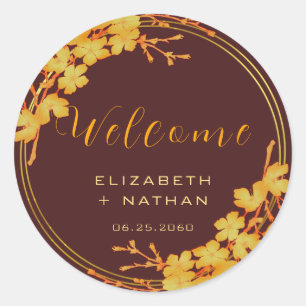Classy Burgundy Gold Floral Wedding Welkom Ronde Sticker