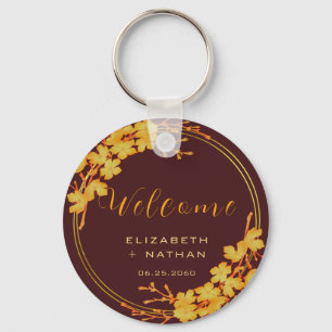 Classy Burgundy & Gold Floral Wedding Welkom Sleutelhanger