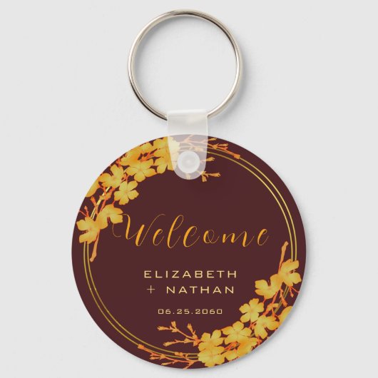 Classy Burgundy & Gold Floral Wedding Welkom Sleutelhanger (Voorkant)