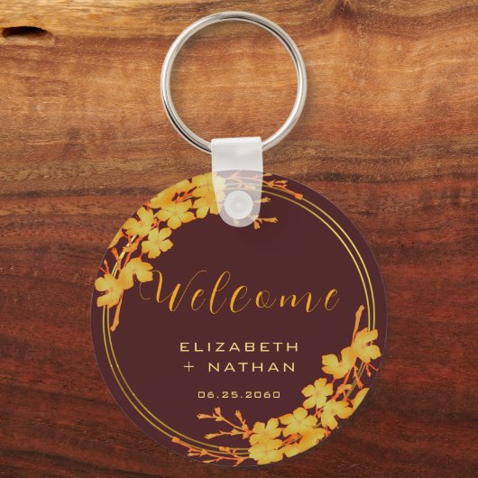 Classy Burgundy & Gold Floral Wedding Welkom Sleutelhanger (Achterkant)