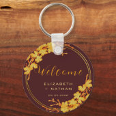 Classy Burgundy & Gold Floral Wedding Welkom Sleutelhanger (Voorkant)