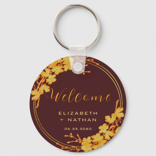 Classy Burgundy & Gold Floral Wedding Welkom Sleutelhanger (Achterkant)