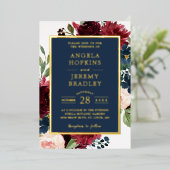 Classy Burgundy Red Navy Blue Floral Wedding Real Folie Uitnodiging (Staand Voorkant)