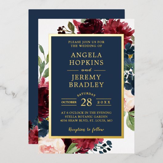 Classy Burgundy Red Navy Blue Floral Wedding Real Folie Uitnodiging (Voorkant / Achterkant)