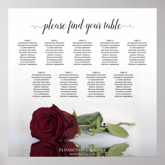 Classy Burgundy Roos 9 Table Wedding Seating Chart Poster (Voorkant)