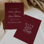 Classy Burgundy White Fancy Old Money Wedding Save The Date<br><div class="desc">This modern & retro funky minimalist Wedding burgundy and white Save The Date Template is great for you. If you are looking for a pretty, elegant and easy to customize deep red Wedding Save The Date Template .A very elegant simple white script wedding save the date on red background on...</div>