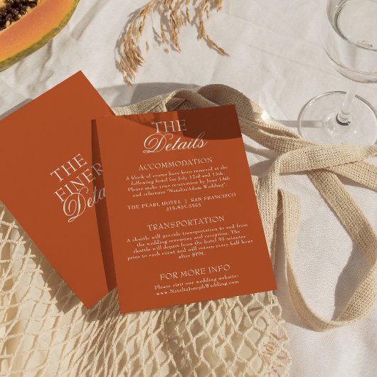 Classy Burnt Orange Old Money Chic Wedding Details Informatiekaartje