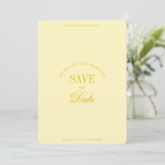 Classy Butter Yellow Elegant Save the Date Card (Staand voorkant)
